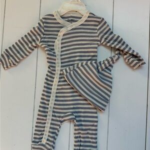 Grey and White Striped Baby Bodysuit with Hat